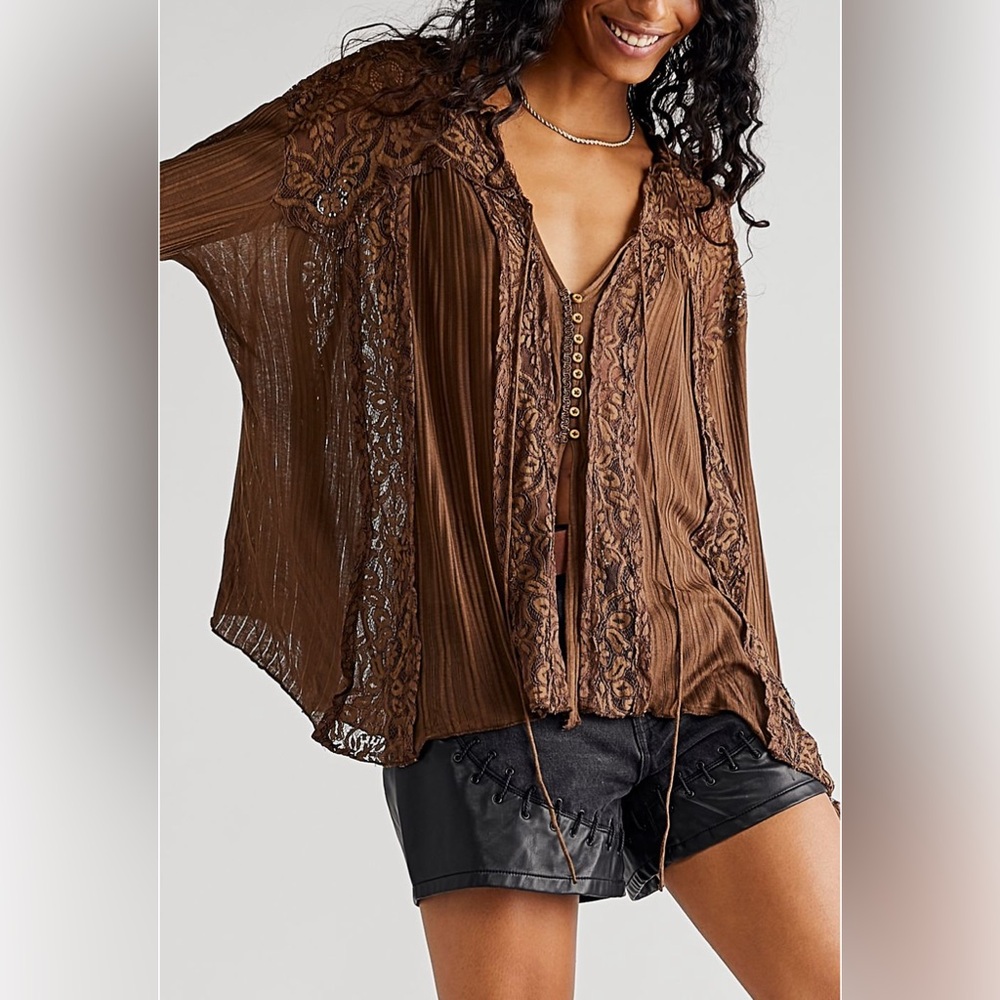 Free People Georgia Tunic Brown Lace Blouse